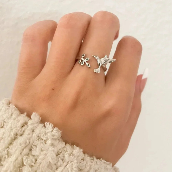 925 Sterling Silver Hummingbird Ring Bird Ring Tree Branch Ring Leaf Ring - Picture 2 of 9